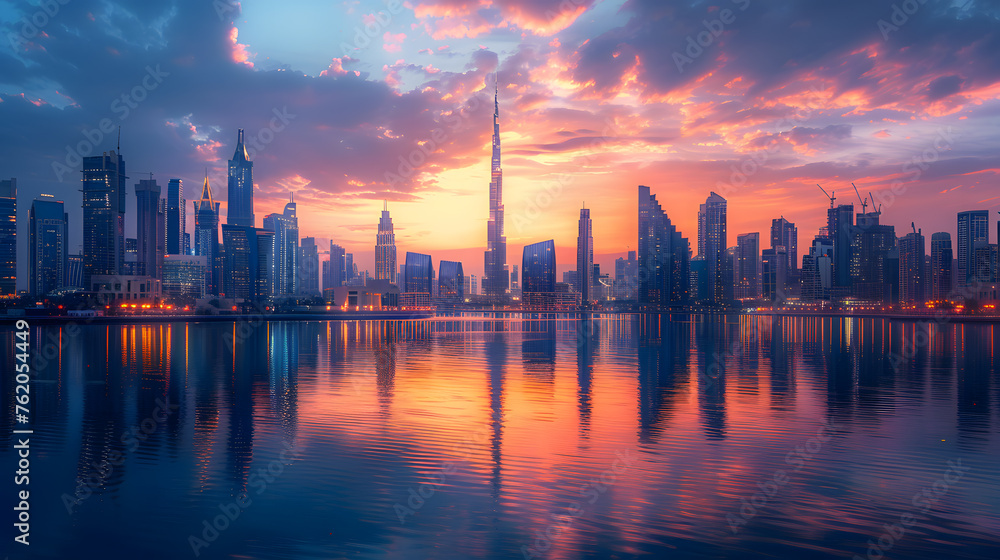 The Dubai skyline, skyscrapers, and buildings are beautifully reflected in the water at sunset, creating a breathtaking afterglow in the atmosphere
