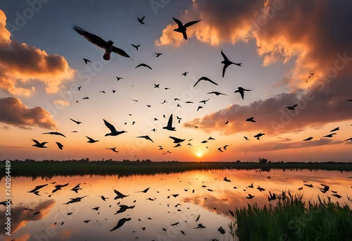 birds on sunset photo