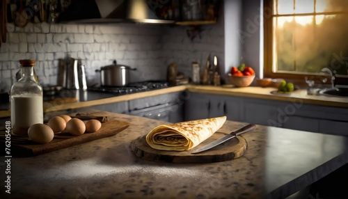 crepe high quality photo; blurred modern kitchen background. 