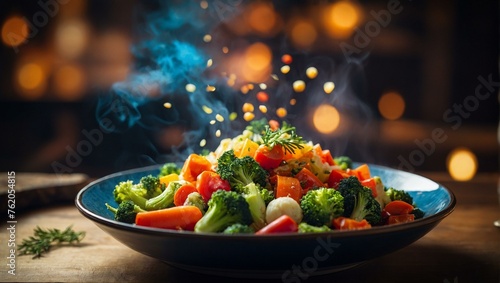 A tantalizing image of a hot vegetable stir-fry, with steam rising, placed on a rustic table against a cozy backdrop photo
