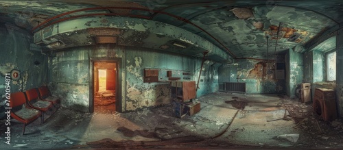 Abandoned military bunker interior with eerie post-apocalyptic atmosphere. photo