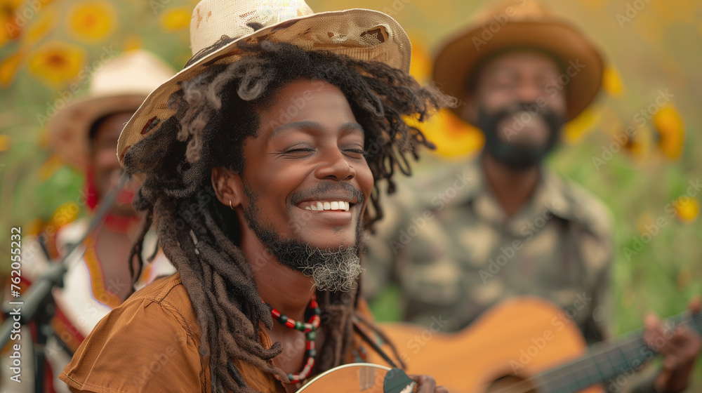 A man with dreadlocks pours his heart into playing a guitar, fingers effortlessly dancing across the strings as he loses himself in the music, Juneteenth Freedom Day