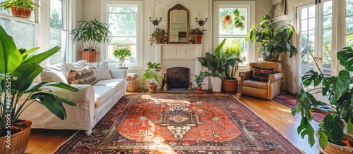 Elegant living room with fireplace  indoor plants  and rug