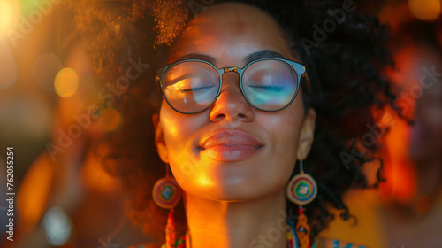 A stylish woman in a vibrant yellow shirt and trendy glasses exudes confidence and individuality, Juneteenth Freedom Day