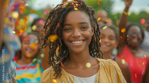 A young girl exudes happiness as colorful confetti drifts around her, creating a festive atmosphere on Juneteenth Freedom Day
