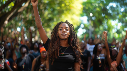 A woman stands tall in front of a diverse crowd  exuding confidence and strength as she addresses the gathered individuals  Juneteenth Freedom Day