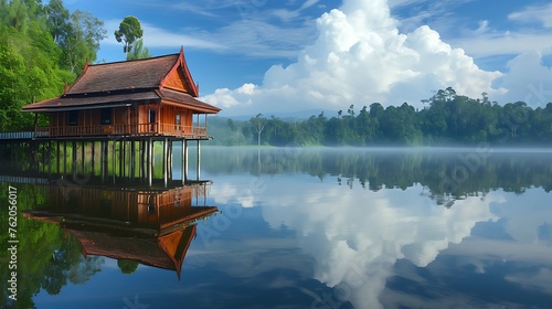  Wooden bungalow on piles in the sea. 