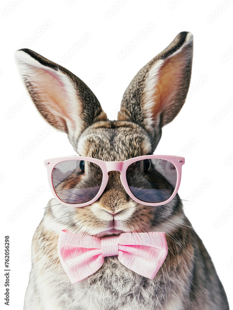 Funny easter concept holiday animal celebration greeting card - Cool easter bunny, rabbit with sunglasses and bow tie, isolated on white background PNG