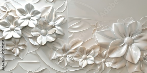 Elegant white floral 3D wall art illustration. modern interior design decor. minimalist embossed flowers. serene and stylish aesthetic. AI