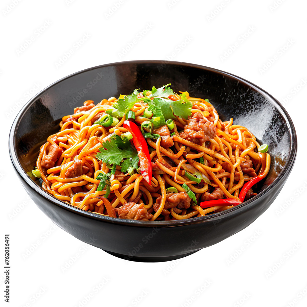 front view of delectable Beijing Zhajiang Noodles in a classic wok, food photography style isolated on a white transparent background. front view of delectable Beijing Zhajiang Noodles in a classic wok, food photography style isolated on a white transparent background.