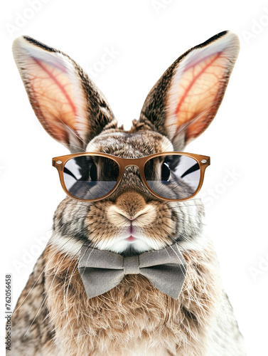 Funny easter concept holiday animal celebration greeting card - Cool easter bunny, rabbit with sunglasses and bow tie, isolated on white background PNG
