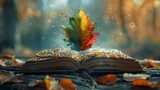 A vibrant leaf sprouting from an open book in a dreamy autumn forest. surreal and magical scenery. creative concept for imagination and nature. AI