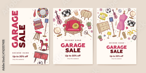 Vector set of garage promotional sale vertical web banner, poster or flyer with hand drawn vintage furniture and interior design elements. Garage sale concept illustration