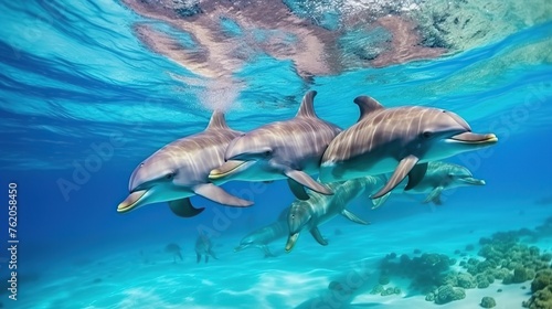 group of dolphins swimming on shallow coral reefs