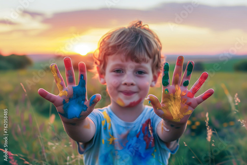Happy young boy showing colorful painted hands outdoors at sunset in a field, symbolizing creativity and play..