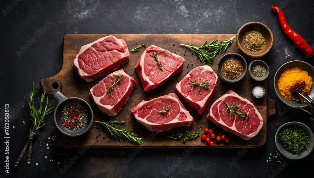 Top view of raw steak cuts perfectly arranged with herbs and spices preparing for a feast Top view of raw steak cuts perfectly arranged with herbs and spices preparing for a feast