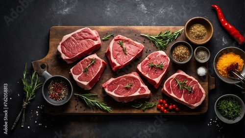 Top view of raw steak cuts perfectly arranged with herbs and spices preparing for a feast