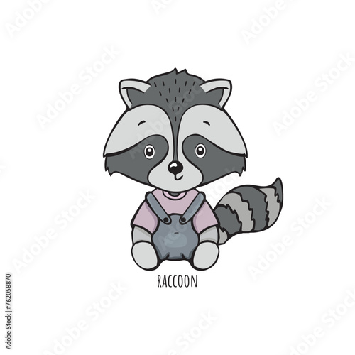 cute raccoon sitting in clothes vector children's illustration