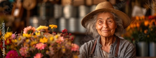 older woman sell flowers in her shop. small businesses concept. heading back to work, reentering the workforce, financial stability style.