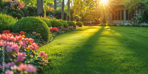 Beautiful home garden with a green lawn and colorful flowers,landscape design ideas for green garden a sunset or sunrise, residential house backyard background. medern house eksterior	
 photo