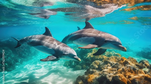 group of dolphins swimming on shallow coral reefs