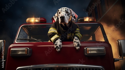 Dalmatian Dog Sitting on Fire Truck
