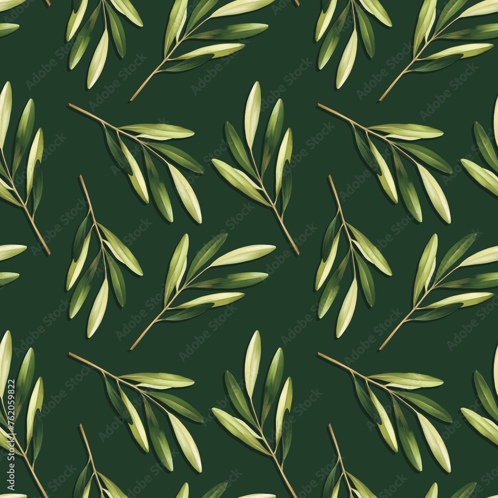 Fototapeta premium Floral seamless pattern with green leaves on dark green background.
