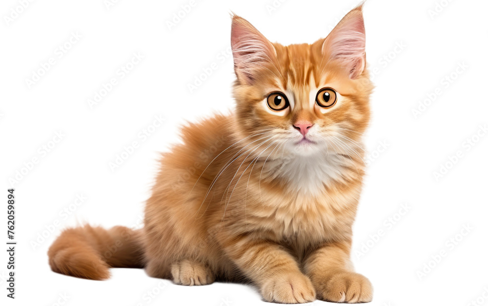 Small Orange Kitten Sitting on Top of White Floor. On a White or Clear Surface PNG Transparent Background.
