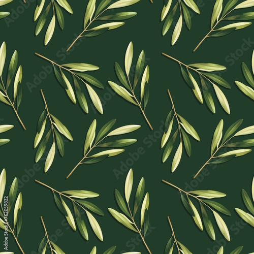 Floral seamless pattern with green leaves on dark green background.