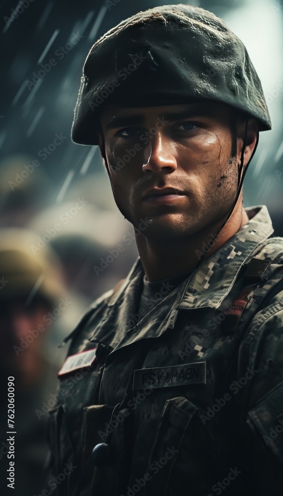 Soldier in Uniform Standing in Rain Soldier in Uniform Standing in Rain