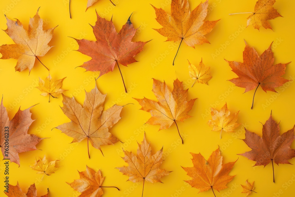 Dry brown maple leaves on yellow backgroun Dry brown maple leaves on yellow backgroun