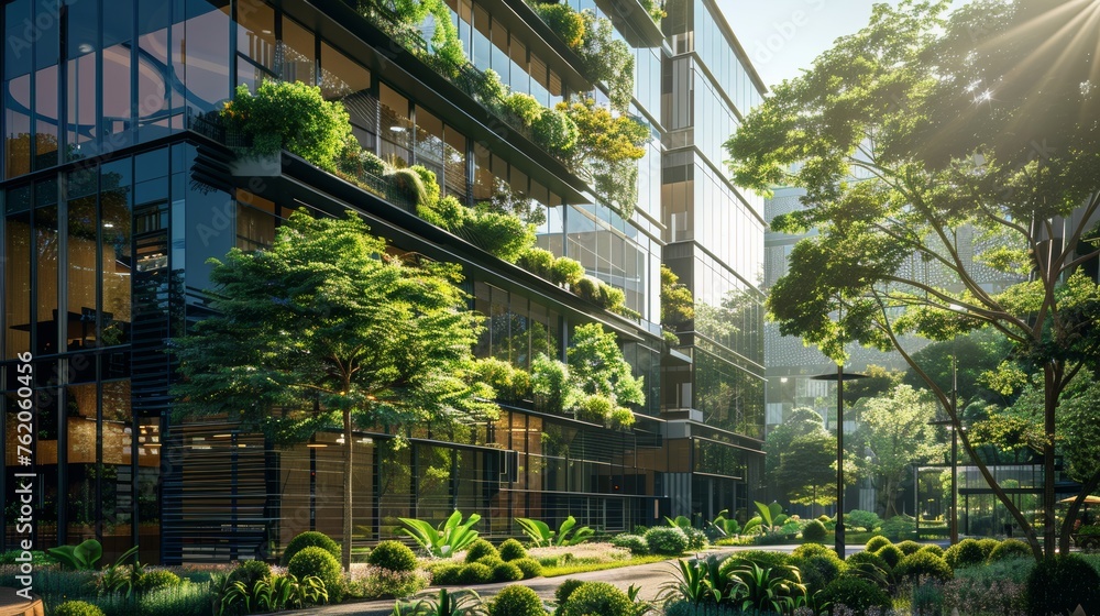 Architecture a modern glass building with a lot of green plants trees and bushes for business architecture environmental friendly, design, exterior, sky, garden