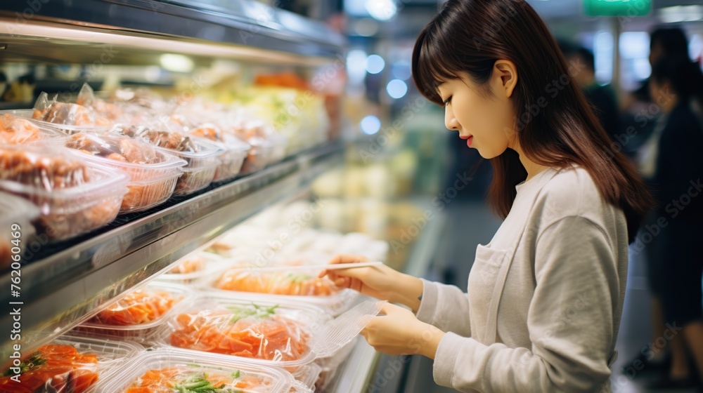 beautiful young japanese woman is shopping for food in a shopping center
