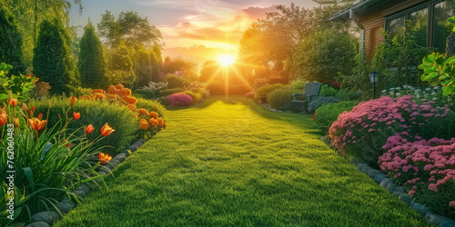 Beautiful home garden with a green lawn and colorful flowers,landscape design ideas for green garden a sunset or sunrise, residential house backyard background. medern house eksterior	
