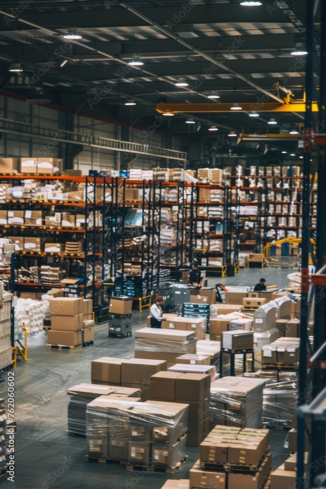 Bustling warehouse with workers sorting and packing orders, surrounded by shelves stocked with inventory, Generative AI Bustling warehouse with workers sorting and packing orders, surrounded by shelves stocked with inventory, Generative AI