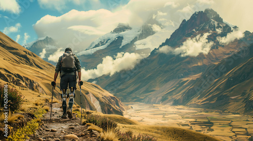 Solo traveler with prosthetic limb hiking Andes