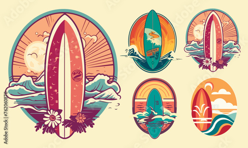 Retro Surf logo templates set. Vintage logo with surfing board, sea and sun.