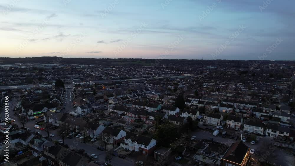 Aerial View of Residential Estate During Sunset. Luton, England UK. March 18th, 2024 Aerial View of Residential Estate During Sunset. Luton, England UK. March 18th, 2024