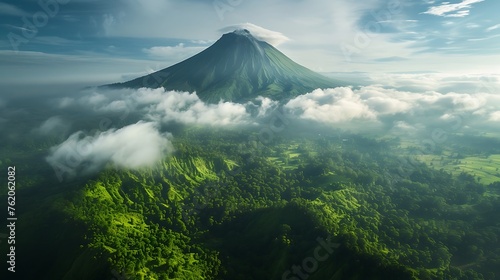 A majestic volcano surrounded by lush greenery