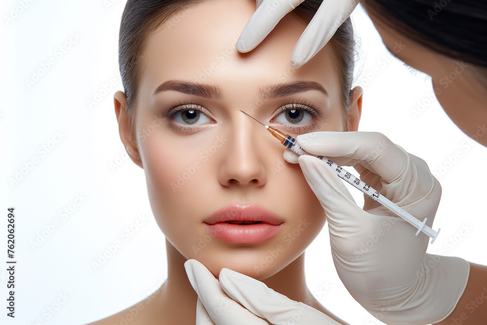 Plastic surgeon doctor giving botox injections to the woman treatments for her facial skin to reduce wrinkles, lines and rejuvenate her appearance to look younger 
