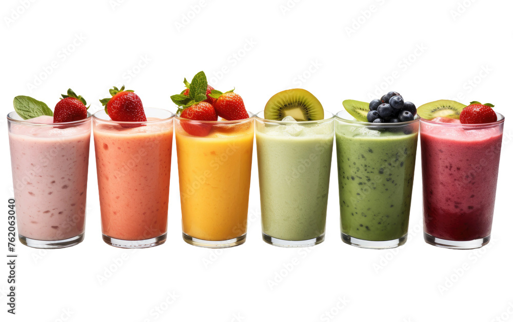 Row of Smoothies With Kiwis, Strawberries, and Kiwis. On a White or Clear Surface PNG Transparent Background. Row of Smoothies With Kiwis, Strawberries, and Kiwis. On a White or Clear Surface PNG Transparent Background.