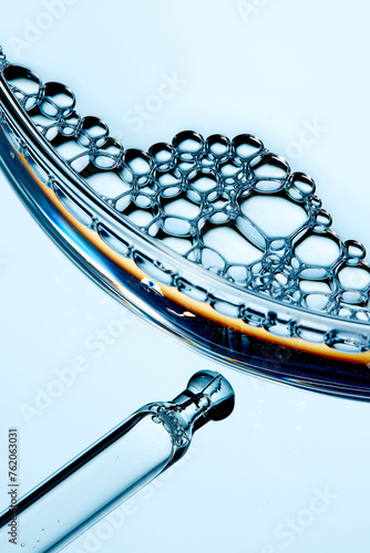 A close-up photo of water droplets that can be used in science, medicine, ingredients, and beauty designs.