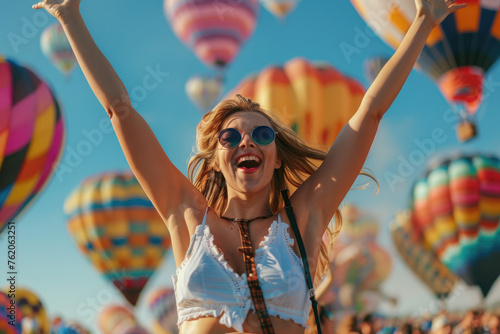 Portrait of an excited young woman celebrating in front of a colorful hot air balloon festival
