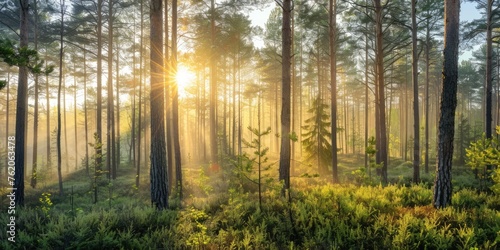 beautiful spring forest with sun and sun spikes