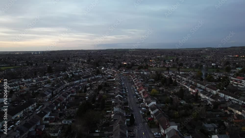 Aerial View of Residential Estate During Sunset. Luton, England UK. March 18th, 2024 Aerial View of Residential Estate During Sunset. Luton, England UK. March 18th, 2024