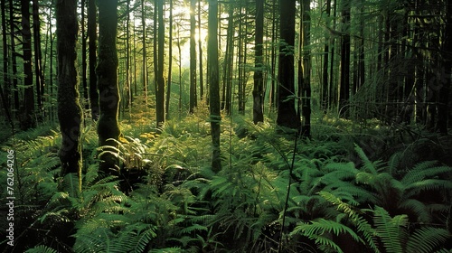 A dense forest with towering trees and a carpet of ferns photo