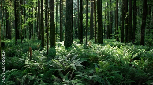 A dense forest with towering trees and a carpet of ferns photo