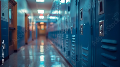 Blue Lockers in American Private High School Hallway - Cinematic Close-up View
