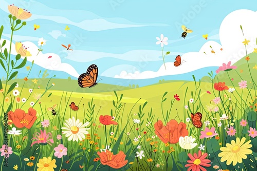A meadow full of beautiful flowers  bees and butterflies in spring or summer