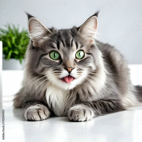Funny large long haired gray kitten with beautiful big green eyes lying on white floor. Lovely fluffy cat